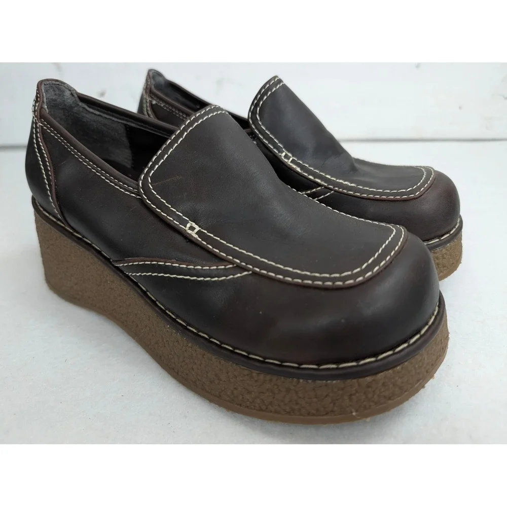 Maurices Womens 6.5 Brown Faux Leather Chunky Platform Loafers Y2K Wedge